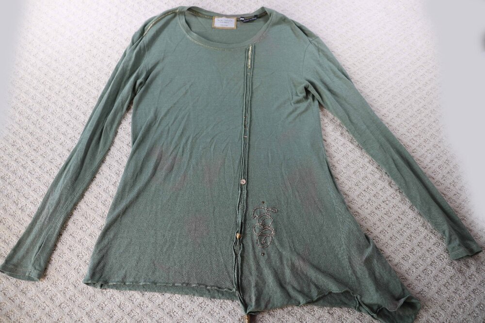 Elisa Cavaletti Long Sleeve Tunic Top Womens Green Embroidered Rhinestone Size M
